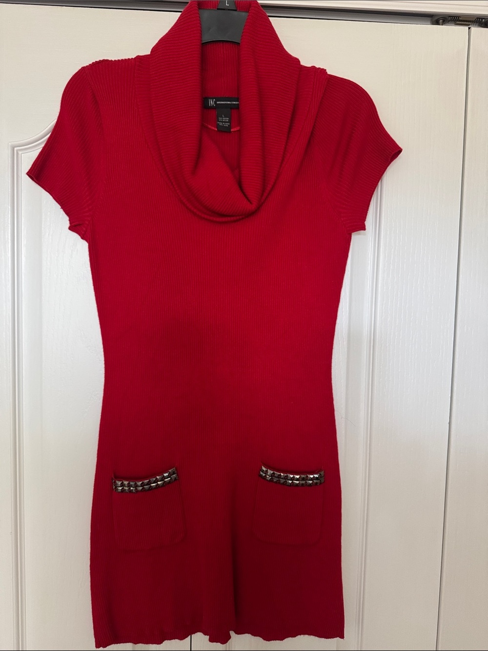 INC International Concepts Scarlet Ribbed Cowl-Neck Sweater Dress